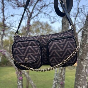 New Aldo Brown & Black Crossbody w/ Gold Chain Purse Tag Detached